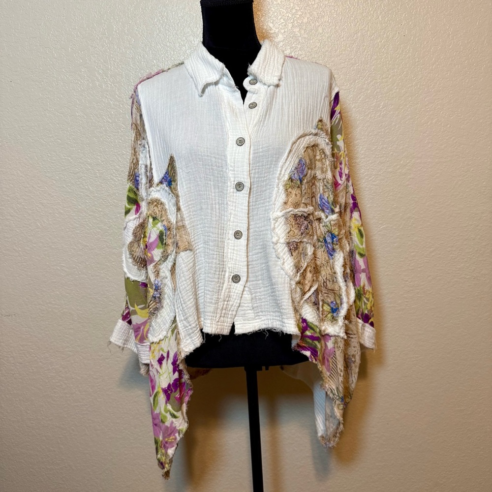 Pol Spliced Patchwork Mixed Media Button Up Boho … - image 2